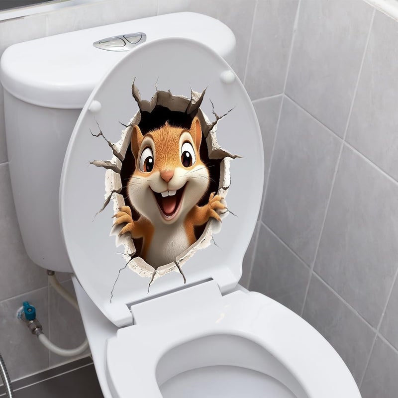 Iprokiu Cute Animal Toilet Sticker Waterproof 3D Funny Dog Cracking Toilet Seat Lid Decal Bathroom Wall Sticker Squirrel Toilet Lid Decal Home Decoration (Squirrel) - Image 1